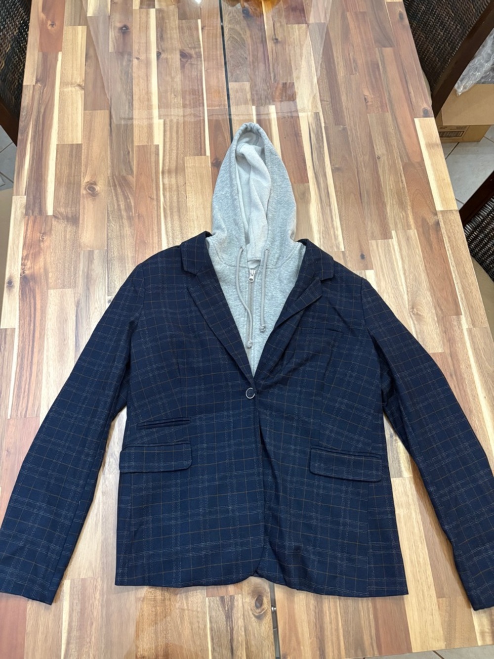 Men's Sz L Design Lab Lord & Taylor Navy Plaid Single-Button Sport Coat Hoodie